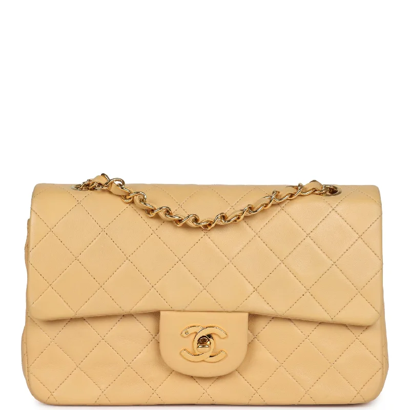 Handle bags with vibrant colors for boldness -Vintage Chanel Small Classic Double Flap Beige Lambskin Gold Hardware