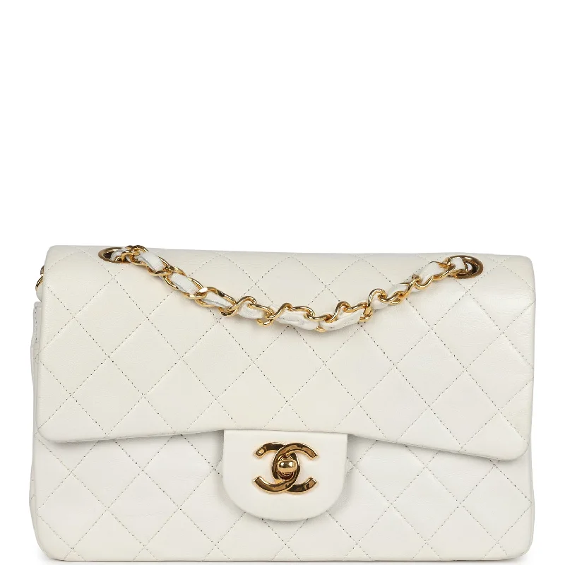 Handle bags with lightweight fabric for ease -Vintage Chanel Small Classic Double Flap White Lambskin Gold Hardware