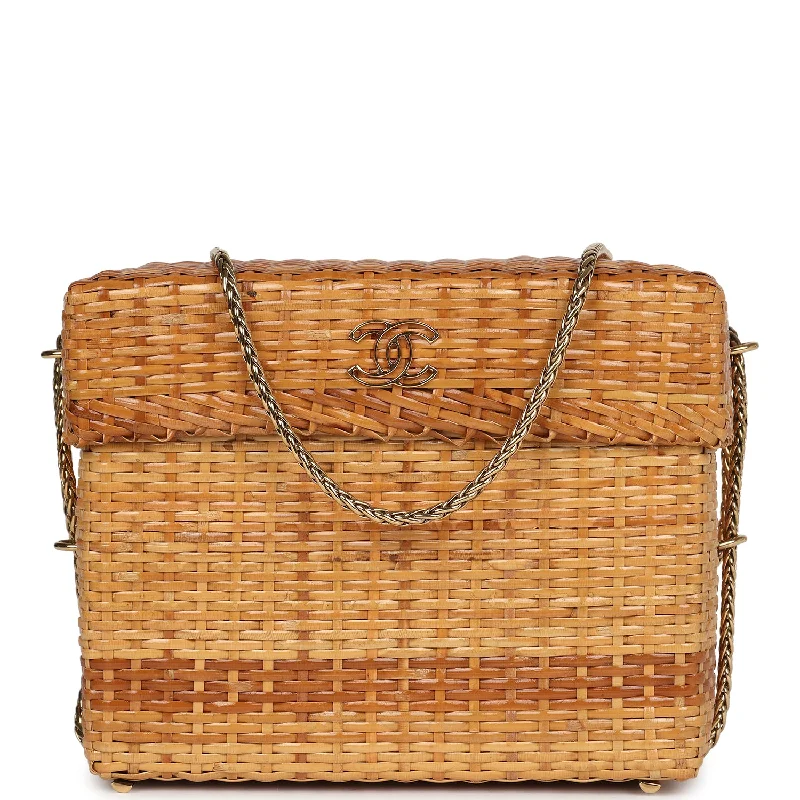 Handle bags with drawstring accents for style -Vintage Chanel Small Picnic Basket Bag Natural Wicker Gold Hardware