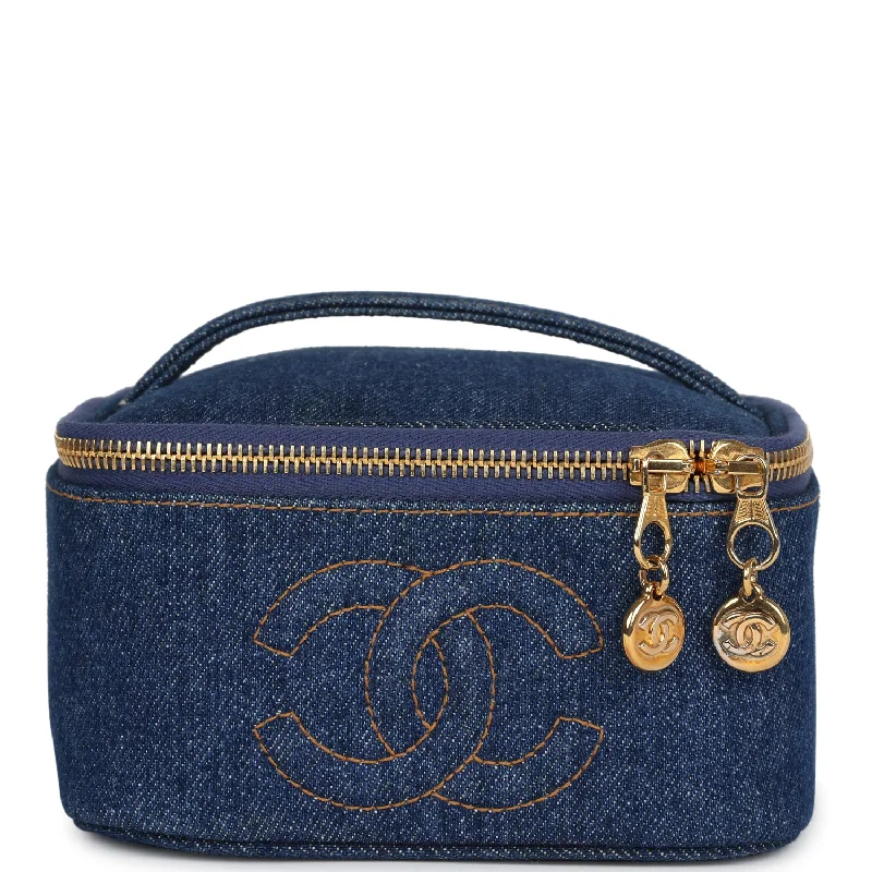 Handle bags with fun slogans for personality -Vintage Chanel Square Vanity Case Dark Blue Denim Gold Hardware