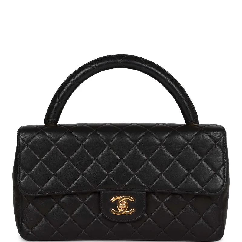 Handle bags with lightweight nylon for ease -Vintage Chanel Kelly Parent Flap Bag Black Lambskin Gold Hardware