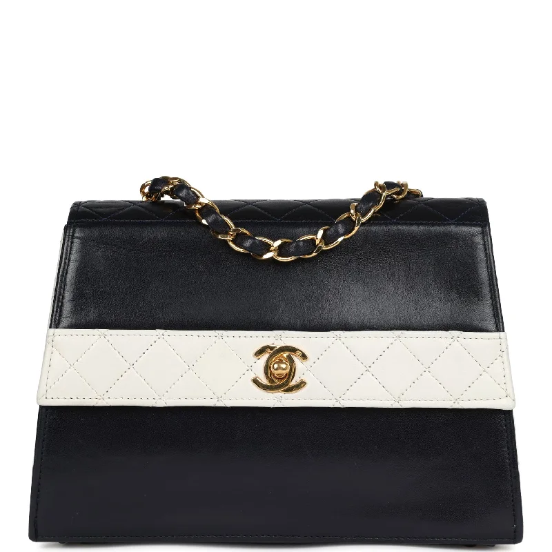 Handle bags with woven fabric for texture -Vintage Chanel Trapezoid Flap Bag Navy and White Lambskin Gold Hardware