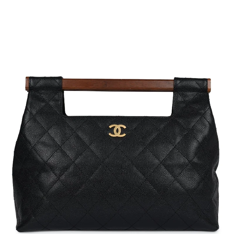 Handle bags with chevron designs for trend -Vintage Chanel Wood Top Handle Bag Black Caviar Gold Hardware