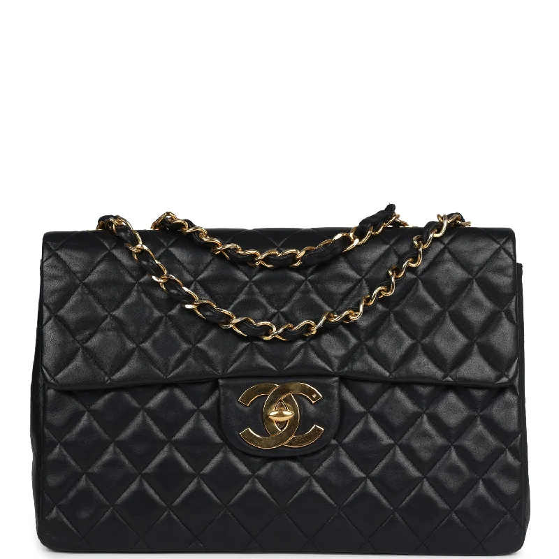 Handle bags with inner compartments for essentials -Vintage Chanel XL Jumbo Maxi Flap Bag Black Lambskin Gold Hardware