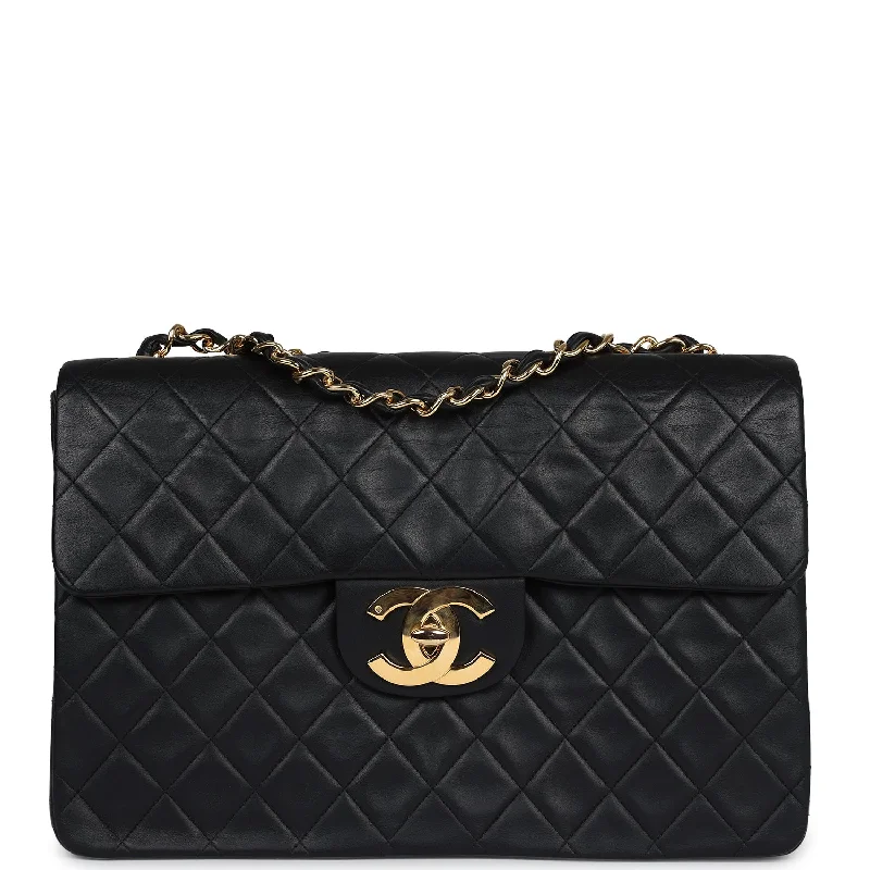 Handle bags with reinforced stitching for durability -Vintage Chanel XL Jumbo Maxi Flap Bag Black Lambskin Gold Hardware