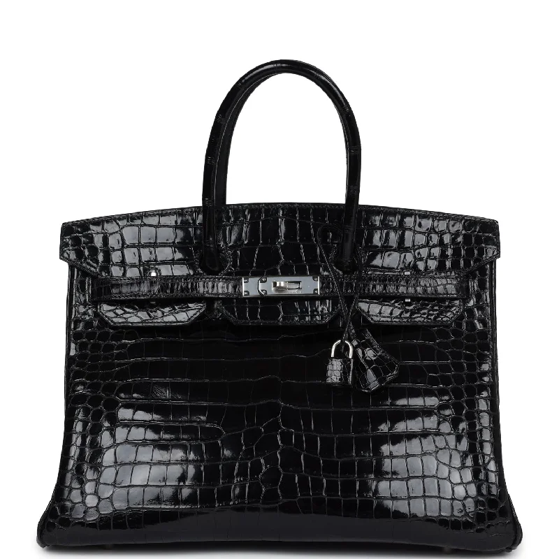 Handle bags with neutral leather for elegance -Vintage Hermes Birkin 35 Black Shiny Porosus Crocodile Palladium Hardware