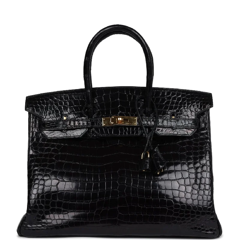 Handle bags with fun slogans for personality -Pre-owned Hermes Birkin 35 Black Shiny Porosus Crocodile Gold Hardware