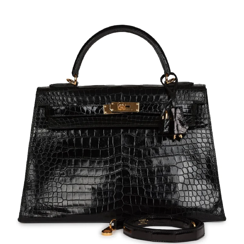 Handle bags with neutral tones for versatility -Vintage Hermes Kelly Sellier 32 Black Shiny Porosus Crocodile Gold Hardware