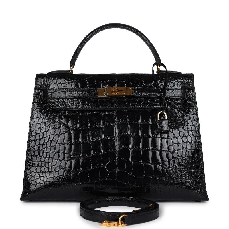 Handle bags with bold text for statements -Hermes Vintage Kelly Sellier 32 Black Shiny Alligator Gold Hardware